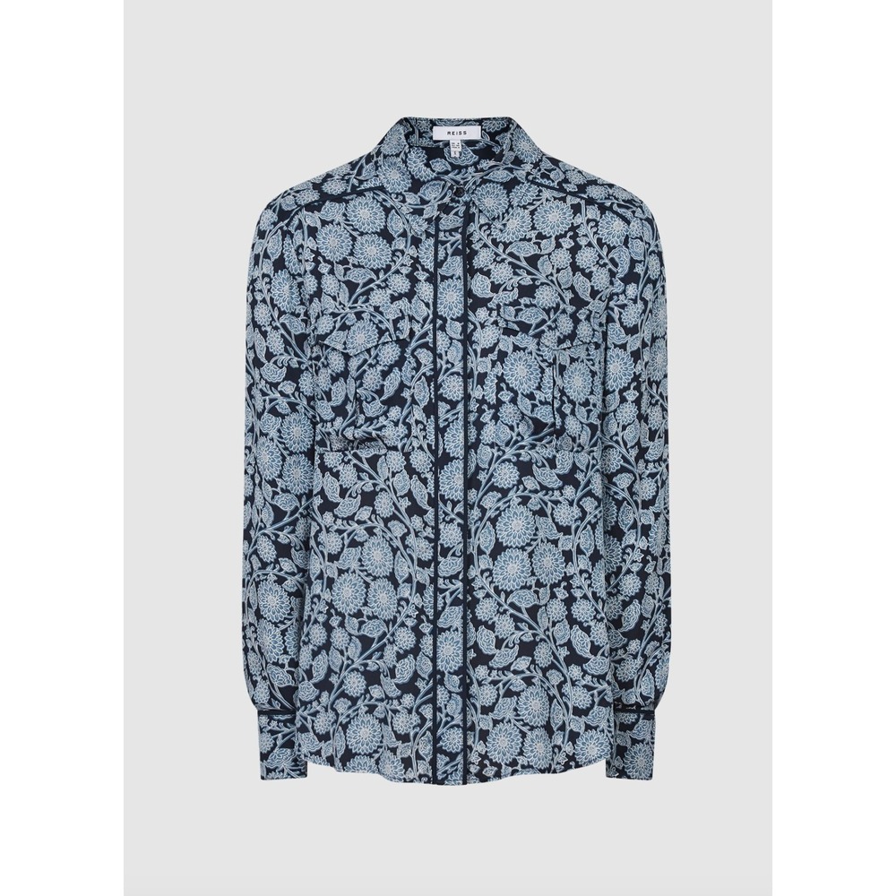 REISS Lizzy Floral Print Blouse Women Long Sleeve Button Up Shirt Navy Blue US 6